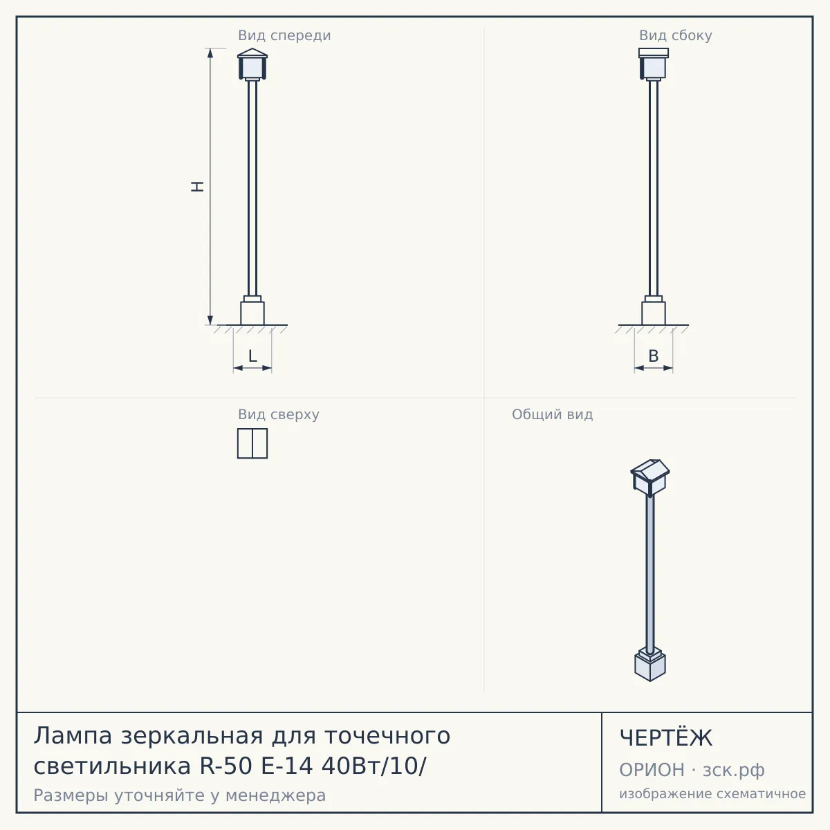 Лампа зеркальная для точечного светильника R-50 E-14 40Вт/10/ — чертёж